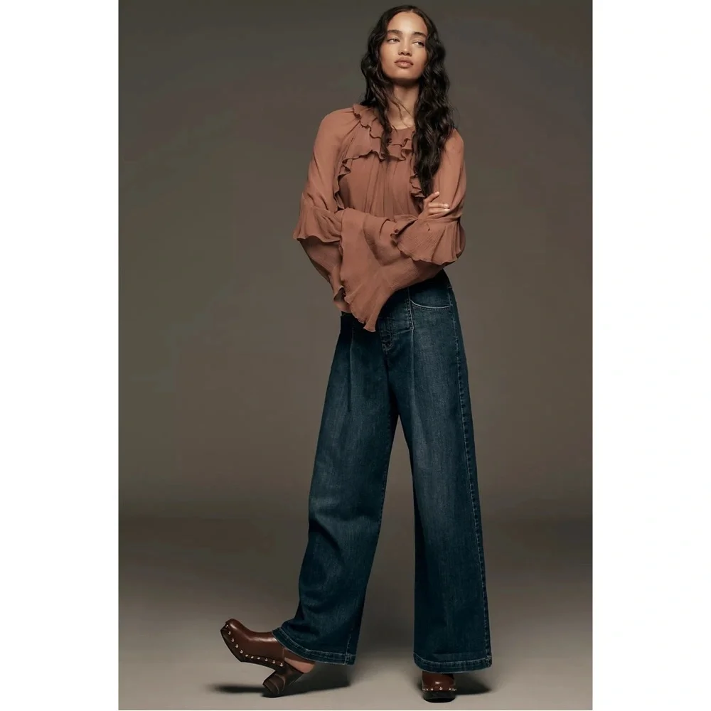 Anthropologie Pilcro Emory Pleated High Rise Wide Leg Trouser Jeans Dark Wash 28 - Picture 5 of 9
